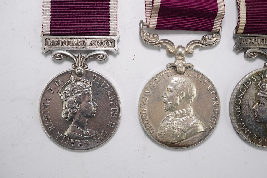 Four Army Long Service and Good Conduct medals; Vict to 21579 Gunr A.Milln. R.A.; GV to 1404425 B.Q.M.Sjt. W.A.Price R.A.; GVI Regular Army to 1057526 Sjt.T.Jones. R.A.; ERII Regular Army to 21133135 Sgt.Khagesor Thapa 2